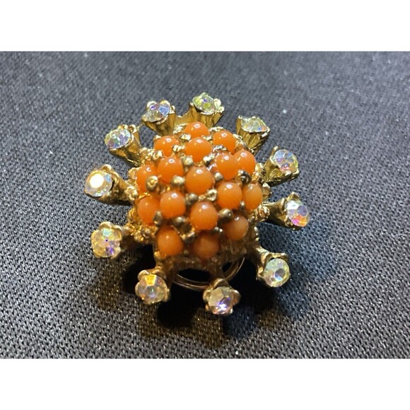 Vintage BSK Gold Tone Orange Bead A/B Crystal Clip On Earrings - Picture 5 of 5